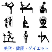 美容と健康がテーマのピクトグラム。ヨガの様々なポーズ、エステのマッサージ、トイレ、水着の試着、顔パック、ランニングマシンでの運動など、女性の活動を描写。