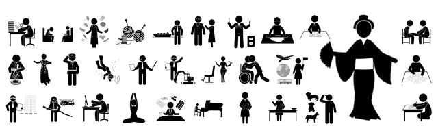 読書、編み物、交通誘導、料理、縫製、車椅子介助、ダイビング、建設作業など、様々な職業や資格・技能を持つ人物の動作を描いたピクトグラム素材セット。