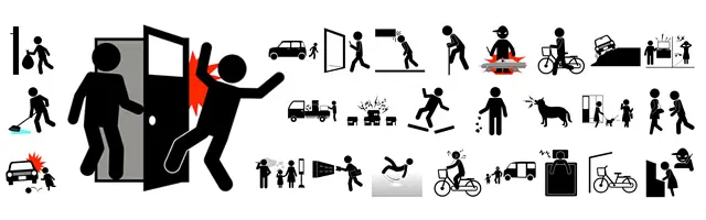 ドア挟み、転倒、衝突、飛び出し、歩きスマホ、ポイ捨て、騒音トラブルなど、日常の不注意による事故や迷惑行為を描いた注意喚起ピクトグラム素材セット。