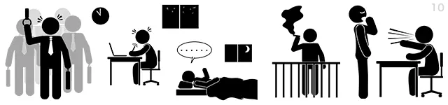 満員電車での通勤、深夜の残業、不眠症、ベランダでの喫煙、あくび、上司からの叱責など、仕事のストレスや過労、疲れを描いたピクトグラム素材セット。