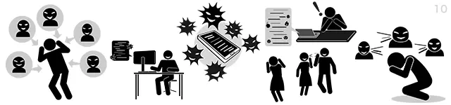 SNSでの炎上、ネット上の誹謗中傷、陰口、罵倒、悪質な書き込みに怯える様子など、インターネットトラブルや攻撃を描いたピクトグラム素材セット。